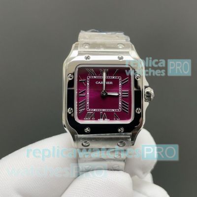 Swiss Clone Cartier Santos Burgundy Mini Stainless Steel Automatic Watch 
